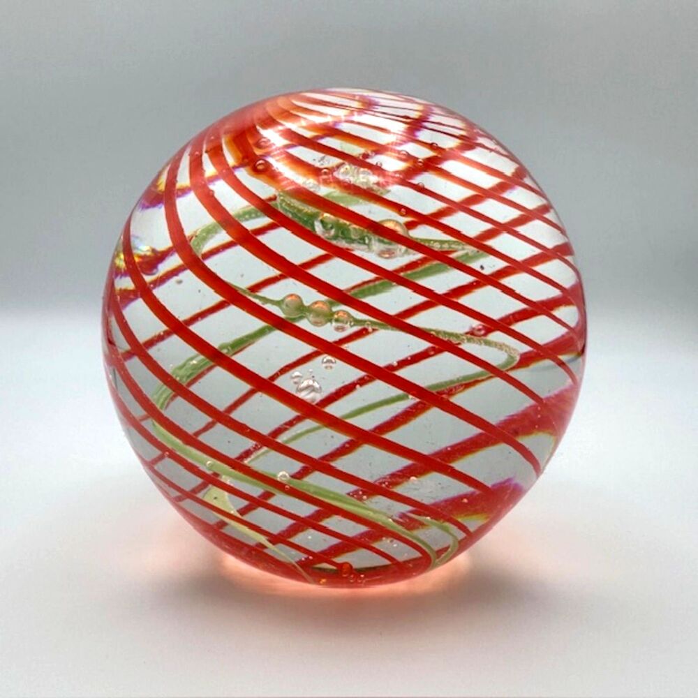 VTG Studio Artisan Hand Blown Glass Ribbon Swirl & Bubbles Paperweight 3.5" Desk